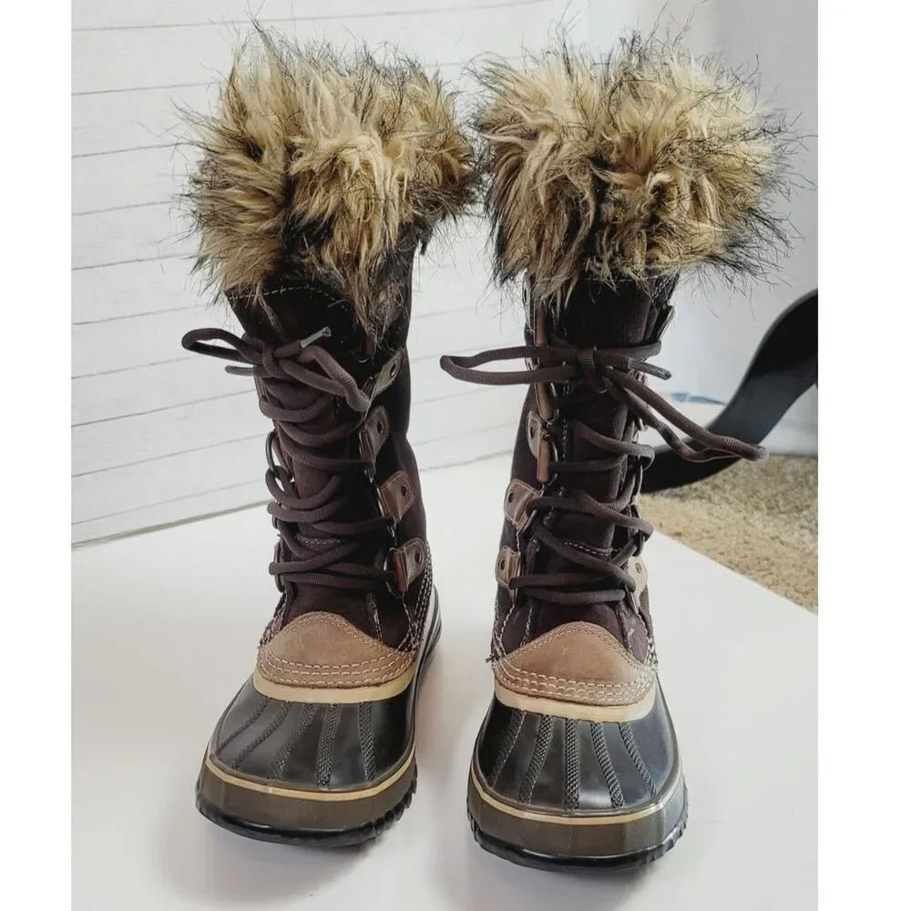 Sorel Joan Of Arctic Faux Fur Trim Waterproof  Snow Boots in Brown, sz 6